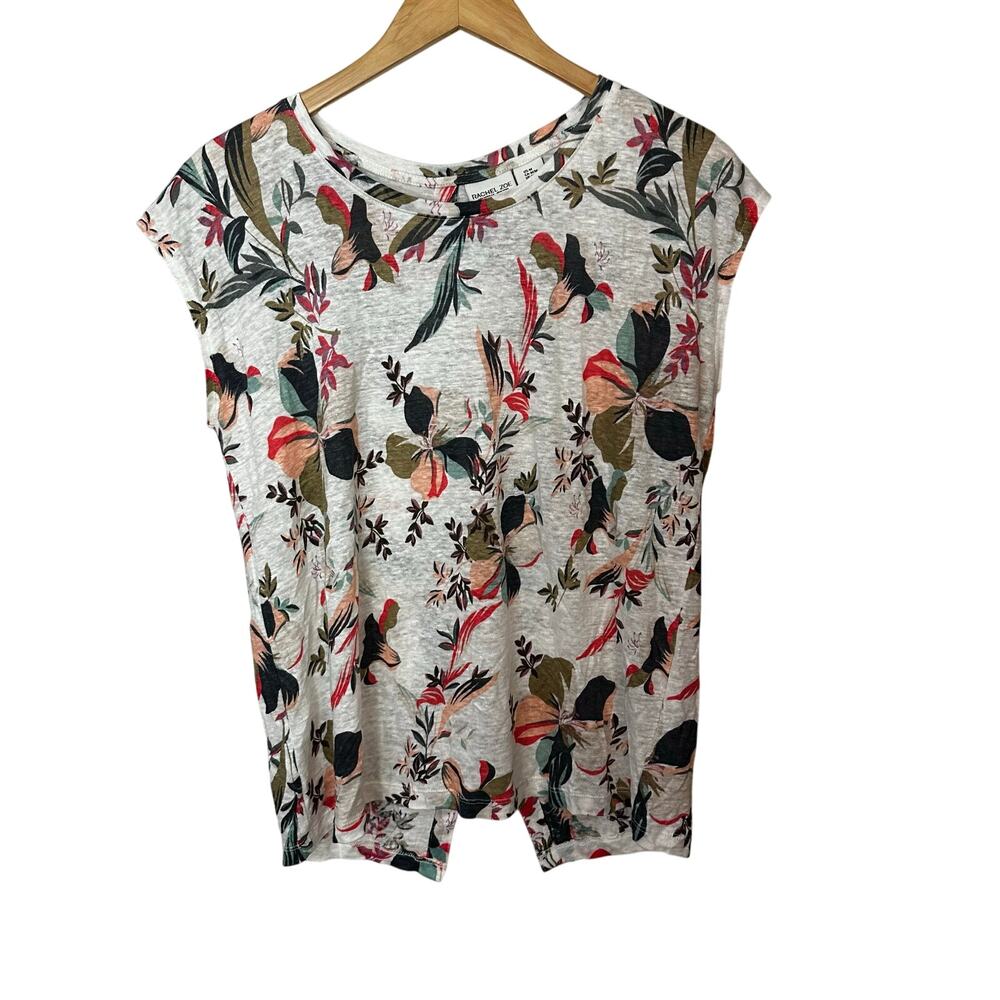 Rachel Roe 100% Linen Floral Slub Knit Top Boho Ivory Pink Short Sleeve Medium